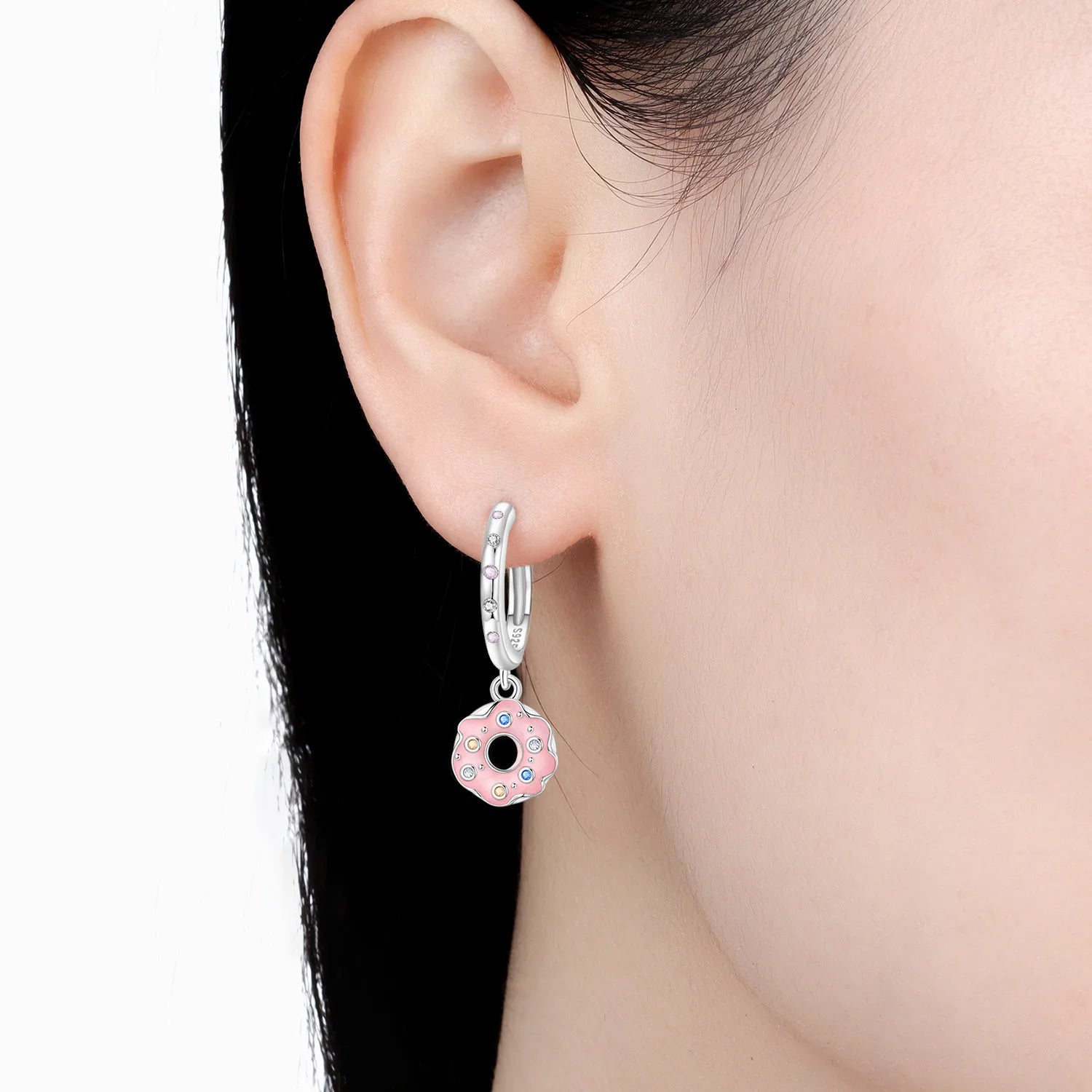 PANPOKI 925 Sterling Silver Pink Donut Delicacies Drop Earrings Women Earrings Charm Fashion Versatile Party Jewelry Gifts