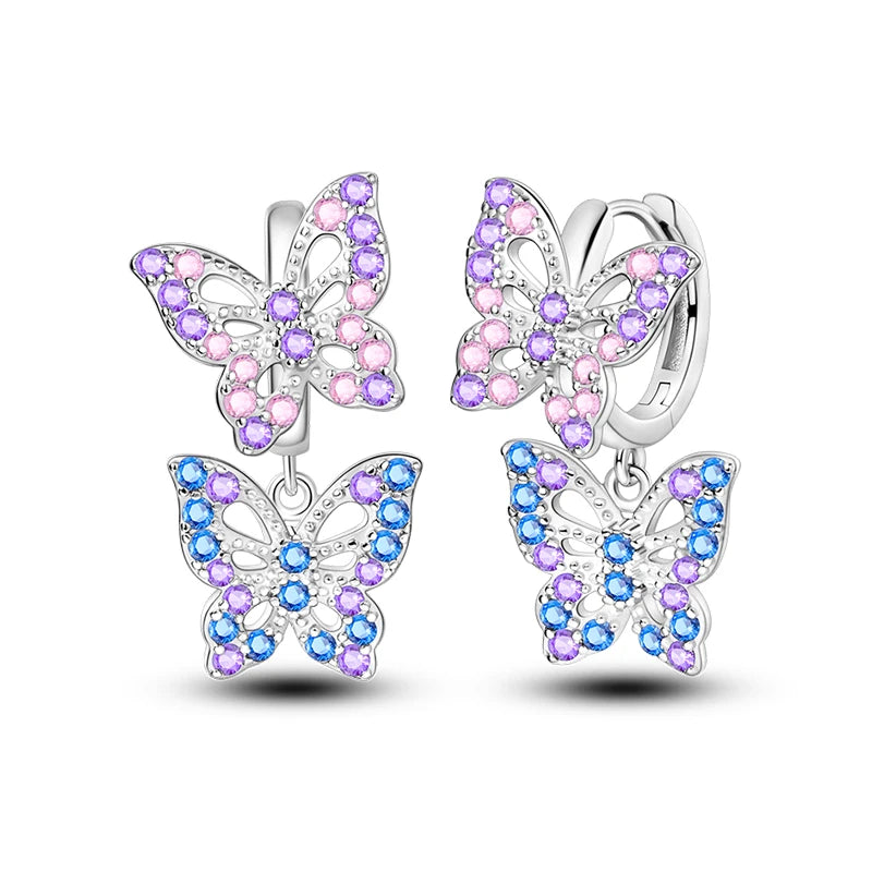 New Earring For Women 925 Silver Sparkling Butterfly Bear Pink Heart Princess Double Hoop Earrings Luxury Party Jewelry
