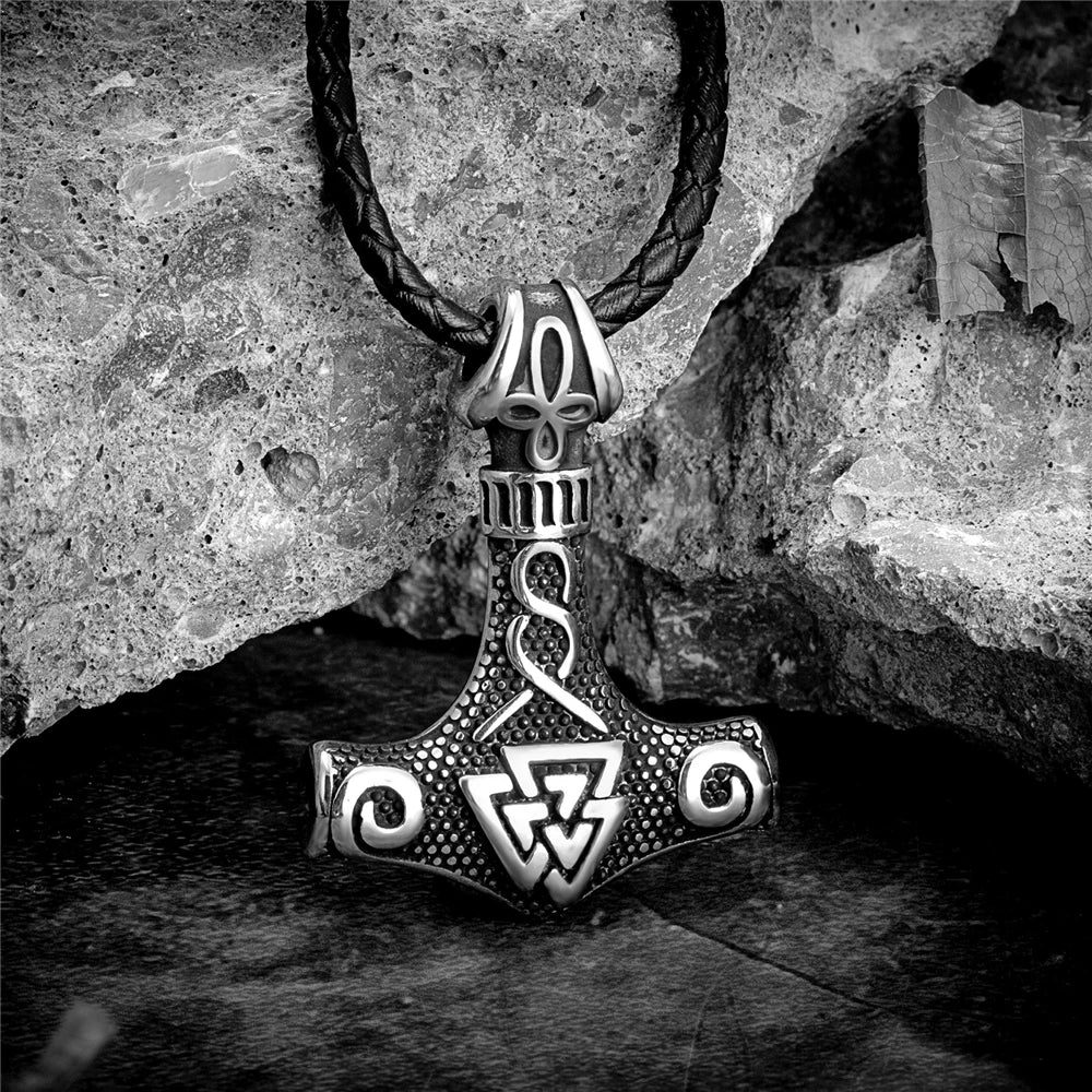 Vikings Thors Hammer Necklaces Stainless Steel Double-sided Anchor Pendant Norse Trinity Amulet Men Vintage Scandinavian Jewelry