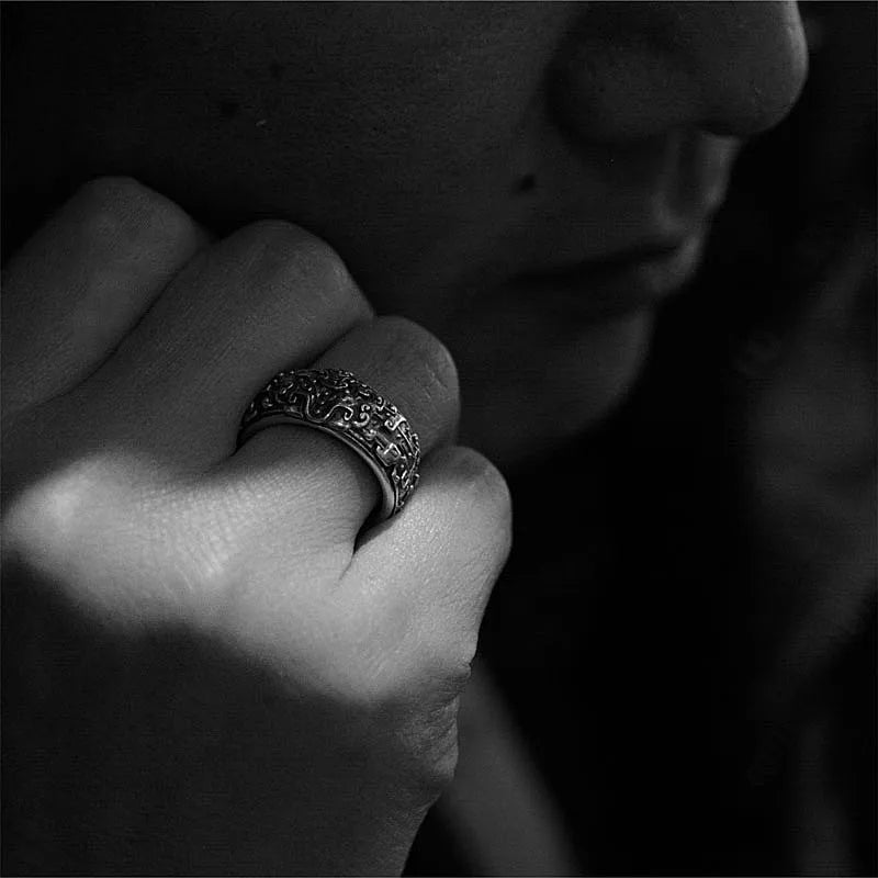 Retro Taotie Chinese Mythology Ring For Men Silver Color Punk Gothic Adjustable Ring Handmade Unisex Jewelry Accessories Gift
