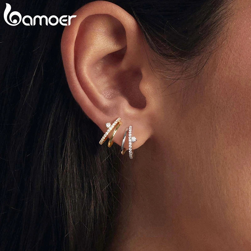 BAMOER Moissanite Detachable Stud Earrings, Double Layer Hoop Shape Earrings D Color Round Cut 925 Sterling Silver for Women