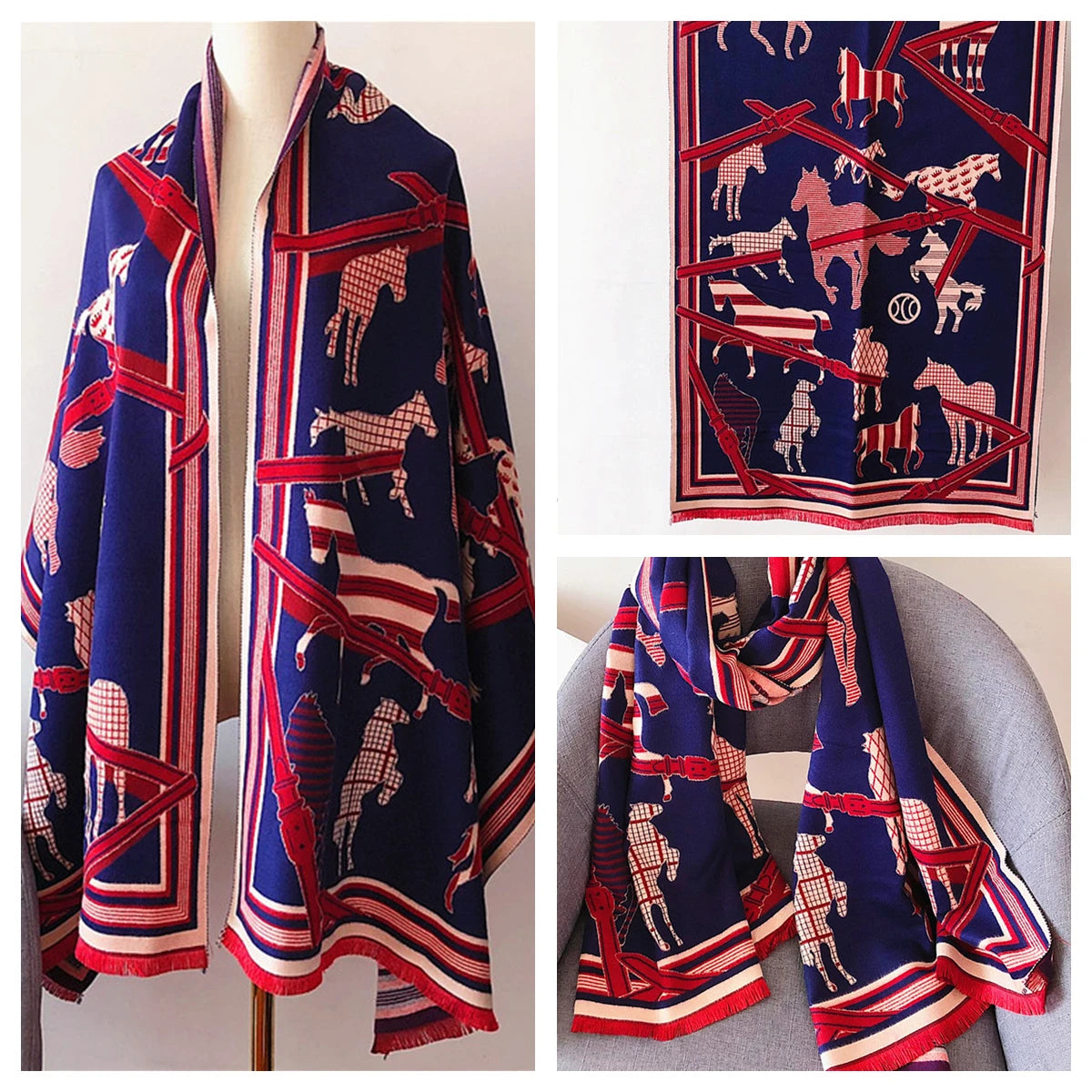 Women's Autumn Winter Horse Pattern Scarf New Luxury Cashmere Feeling Large Blanket Wrap Soft Warm Brand Shawl Retro & Classical - Madeinsea©