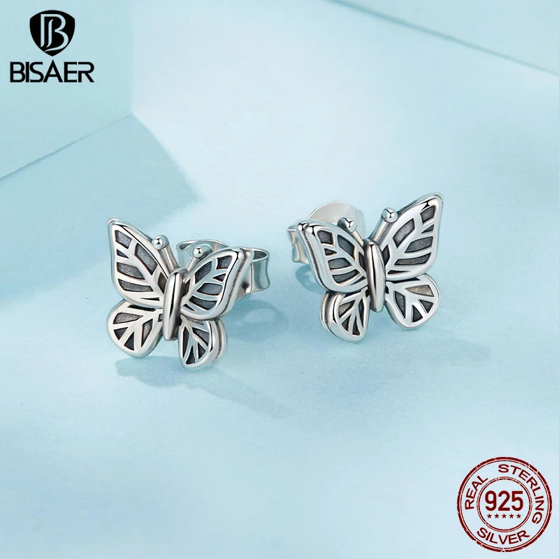 BISAER 925 Sterling Silver Hollow Butterfly Stud Earrings Retro Butterfly Hypoallergenic Stud Ear for Women Party Fine Jewelry