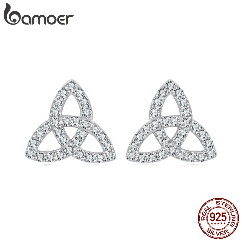 BAMOER 925 Sterling Silver Celtic Knot Stud Earrings, Full CZ Hollowed Piercing Earrings for Women Lover Xmas Promise Gift