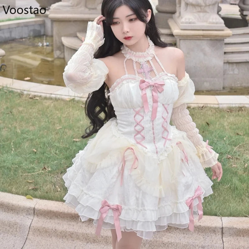 Gothic Lolita Princess Dress Women Sweet Bowknot Cross Lace Ruffles Evening Party Dresses Japanese Harajuku Y2k Bandage Vestidos