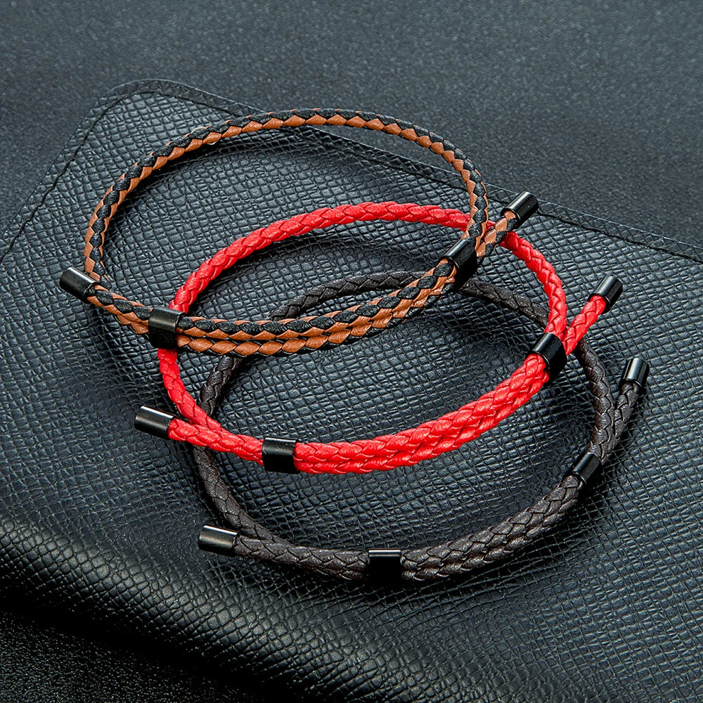 MKENDN Simple Style Men Titanium Steel Bracelet 3mm Red Leather Braided Rope Women High Quality Adjustable Charm Jewelry