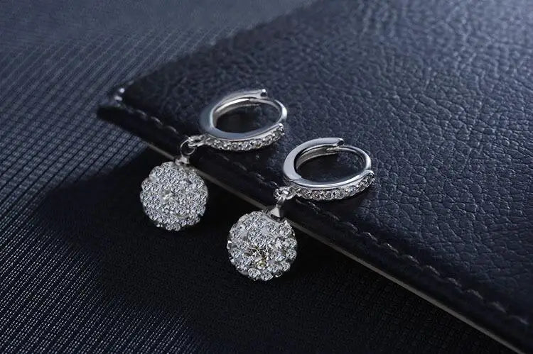 Luxury 925 Sterling Silver 10MM Rhinestone Round Ball Charm Hoop Earrings For Women Wedding Fine Jewelry aretes Creole Huggies