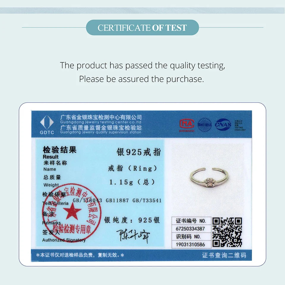 BAMOER Solid 925 Sterling Silver Pet Paw Open Band Ring for Women, Classic Minimalist Ring for Pet Lovers