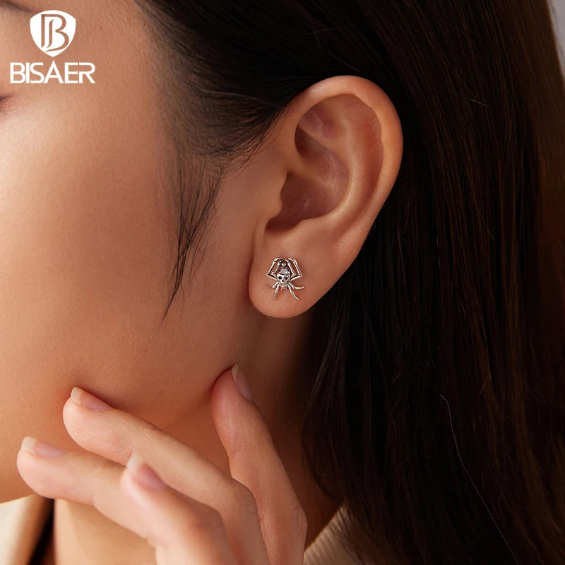 BISAER Skull Spider Stud Earrings 925 Sterling Silver Retro Spider Hypoallergenic Stud Ear for Women Fine Jewelry Halloween Gift
