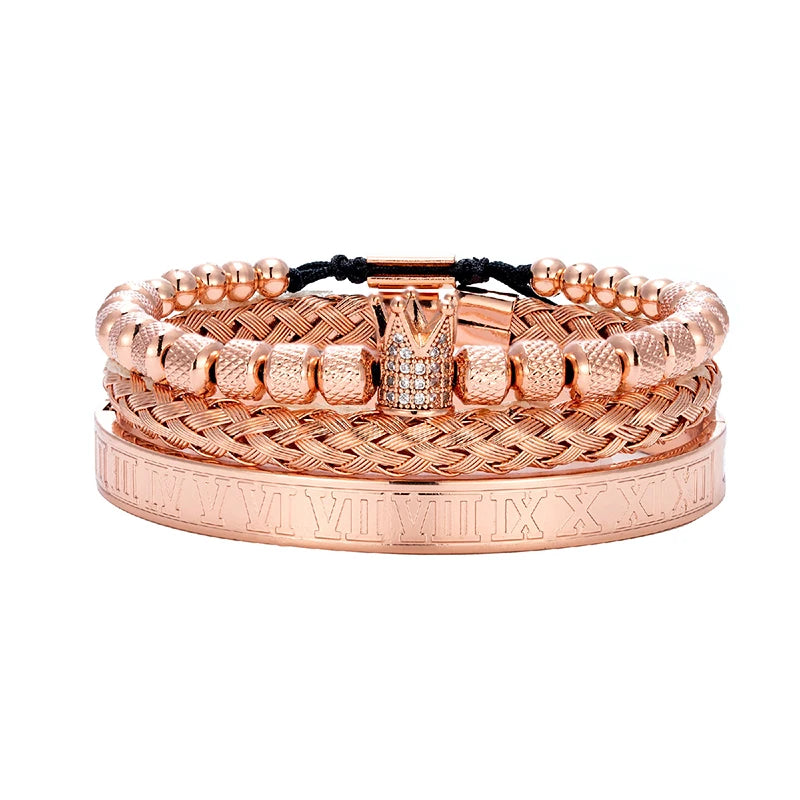MKENDN Luxury Micro Pave CZ Crown Roman Royal Charm Men Bracelets Stainless Steel Roman Number Bangles Couple Handmade Jewelry