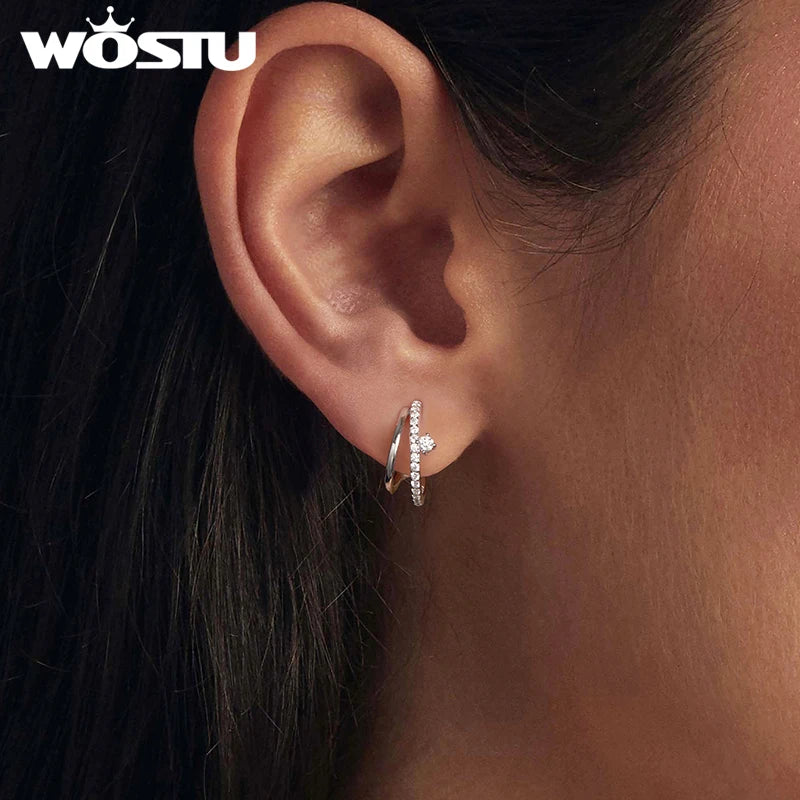 WOSTU Moissanite Double Huggie Earrings For women , 925 Silver Diamoind Cut Wedding Party Ear Studs Party Gift For Mom Daughter