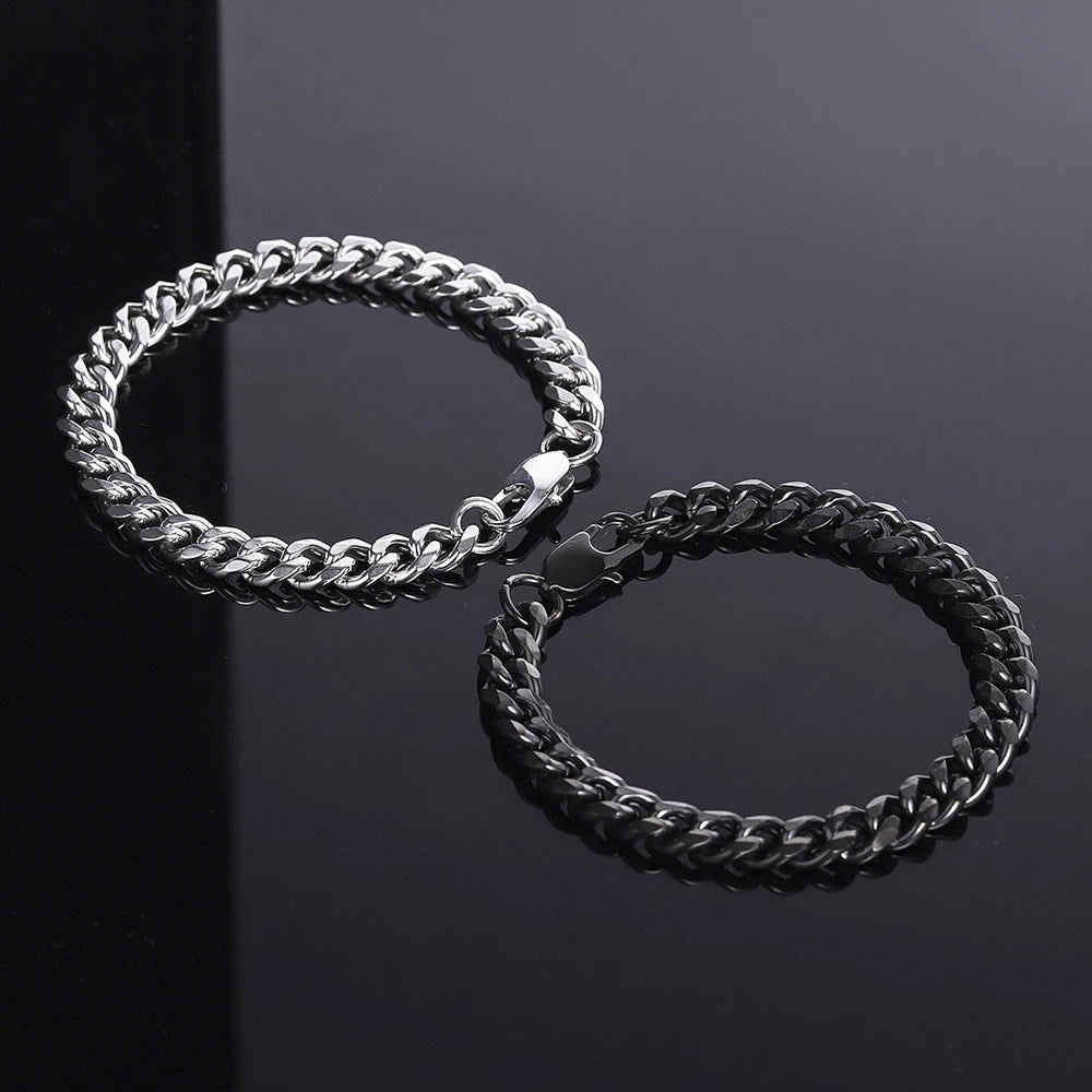 MKENDN 4-6-8mm Locomotive Men Punk Rock Stainless Steel Curb Cuban Link Chain Silver Color Bracelet For Women Biker Jewelry