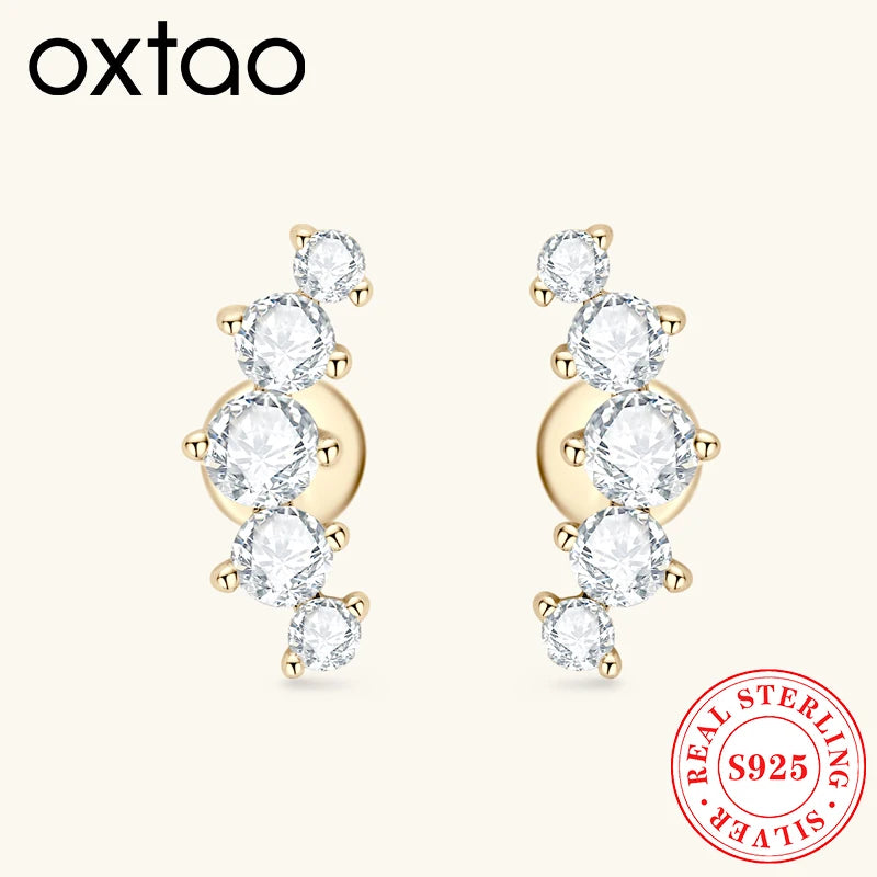 OXTAO 5 Stone Moissanite Climber Earrings Real 925 Silver Graduated Curved D Color Glittering Diamond Ladies Jewelry Gift