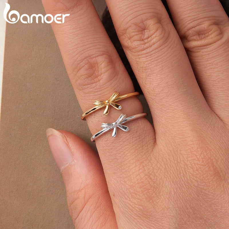 BAMOER 925 Sterling Silver Bowknot Ring for Women Promise Ring High Polish Comfort Fit Band Ring