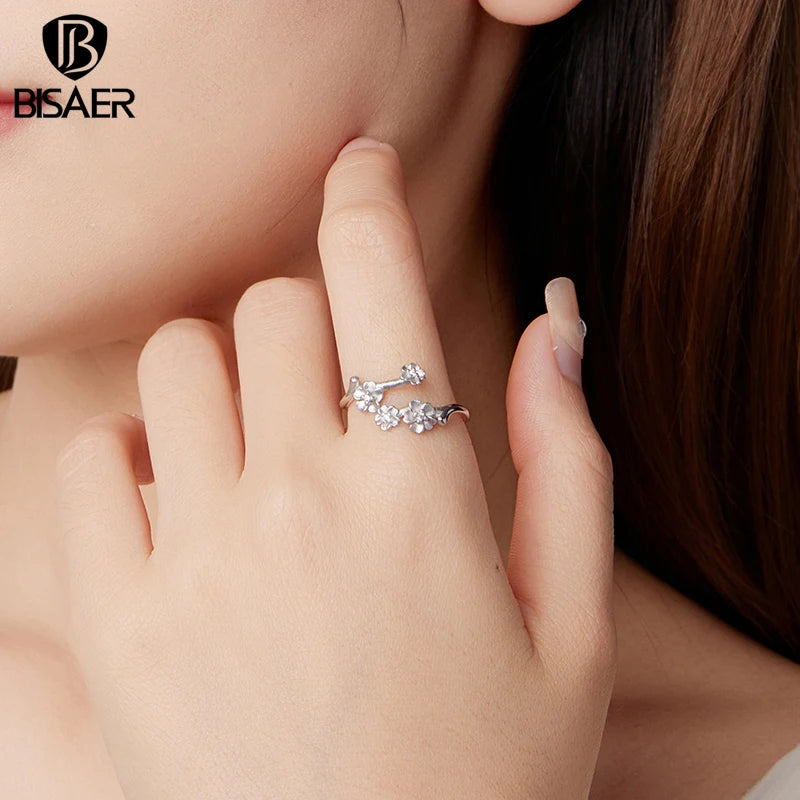 BISAER 925 Sterling Silver Plum Blossom Open Ring Flower Adjustable Band Plated White Gold for Women Party Original Fine Jewelry