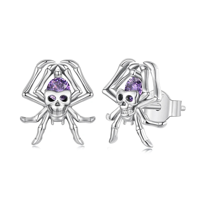 BAMOER 925 Sterling Silber Totenkopf- und Spinnenohrstecker für Damen, oxidierte Halloween-Ohrringe im Vintage-Stil mit Zirkonia