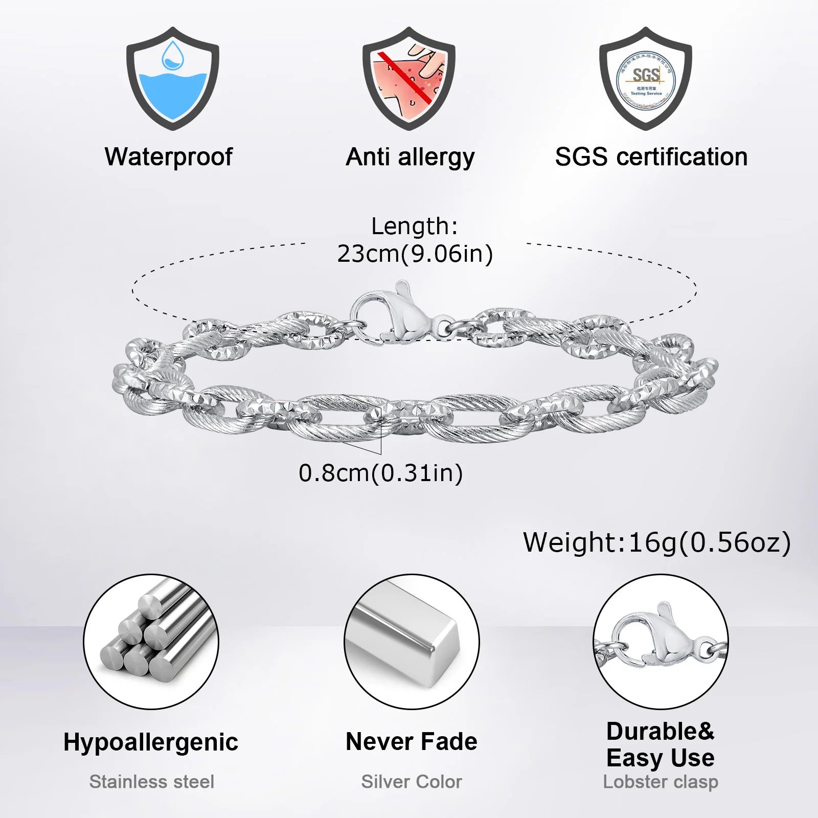 Vnox Cool Hand Made Stainless Steel Links Bracelets, Waterproof Mens Metal Chain Wristband, Punk Rock Jewelry