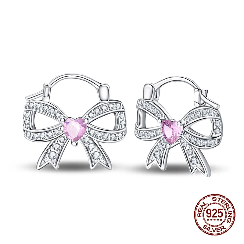 Sweet Bows Earrings 925 Silver Shining Heart Shaped Zircon Hoop Earrings For Women Engagement Birthday Proluxy Fine Jewelry Gift