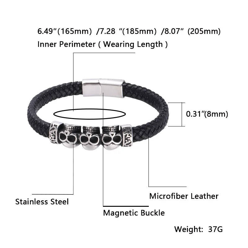 MKENDN Stainless Steel Genuine Leather Bracelet Cool Skull Skeleton Head Bangle Black Braided Viking Bracelet For Men Jewelry