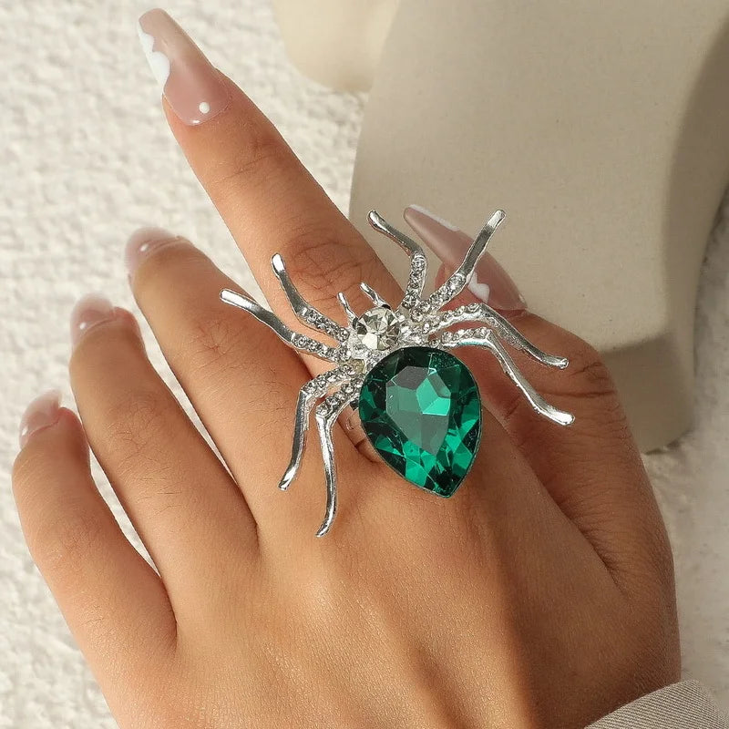 Gothic Punk Spider Insect Animal Rings For Women Men Creative Hip Hop Black Spider Inlaid Crystal Finger Ring Halloween Jewelry