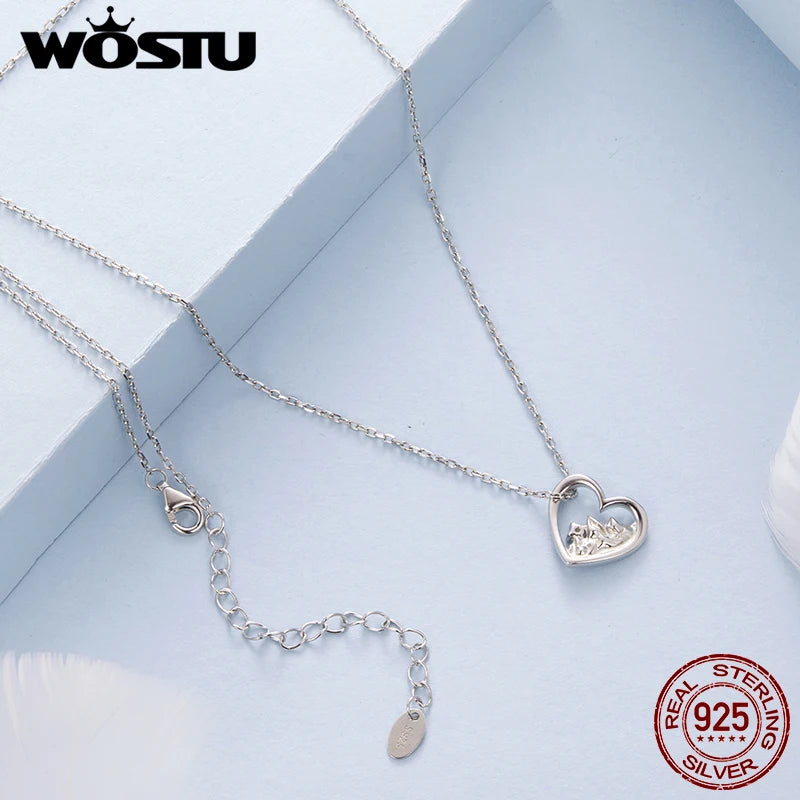 WOSTU Minimalist Mountain Heart Necklace S925 Sterling Silver, Geometric Love Pendant Romantic Jewelry Gift for Girlfriend New