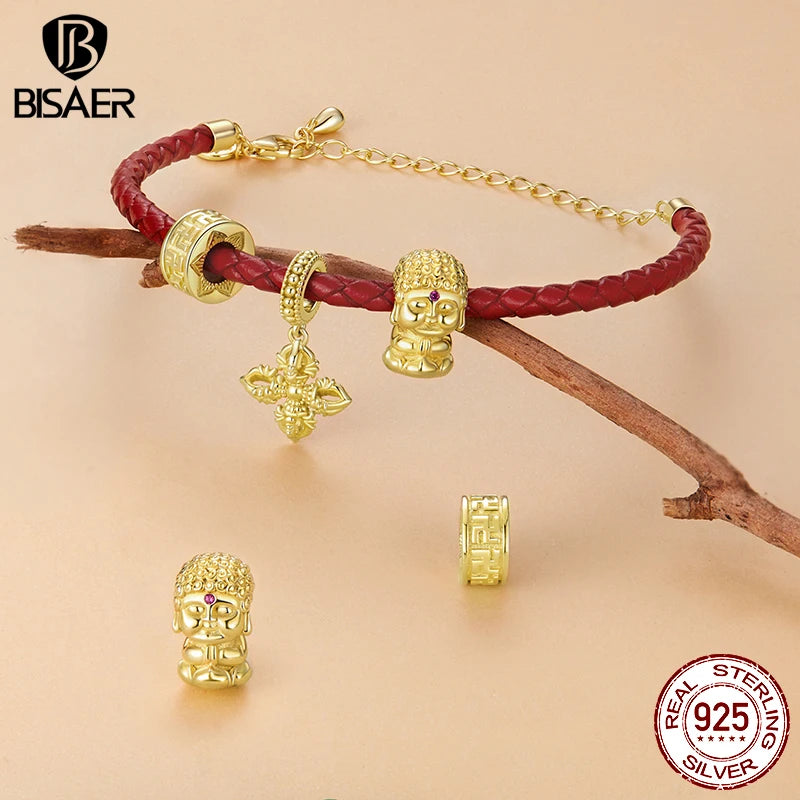 BISAER 925 Sterling Silver Lucky Koi Cat Pawprint Charm Bead Weaved Bag Pendentif Plaqué Or Fit Femmes DIY Bracelet Fine Jewelry