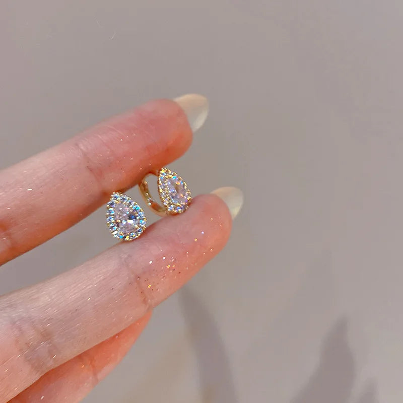 French Exquisite Small Zircon Water Droplet 925 Sterling Silver Plated 14K Gold Earrings for Women Wedding Party Jewelry