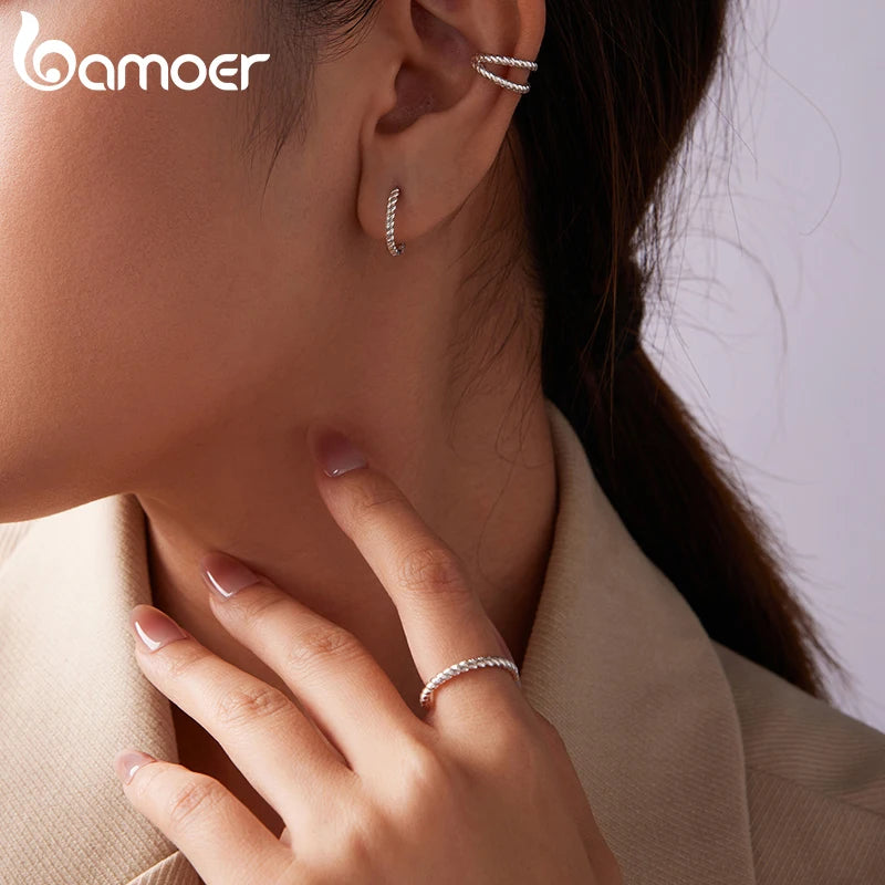 BAMOER 925 Sterling Silver Twisted Hoop Huggies Earrings for Women Oxidized Vintage Circle Ear Cuff for Women Retro Jewelry Gift