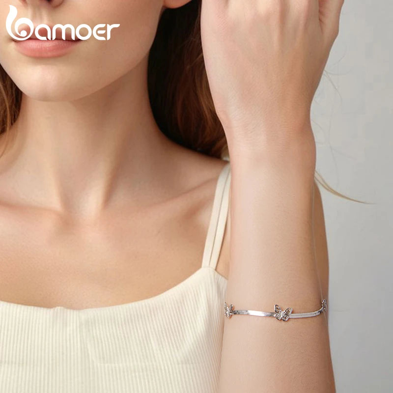 Bamoer Hollow Butterfly Armbänder, breite flache Schlangengliederkette, verstellbarer Armreif mit Anhänger, Schmuckgeschenk für Damen, 925er Sterlingsilber
