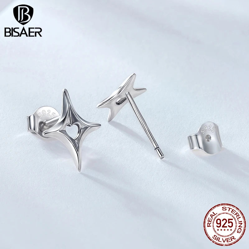 BISAER Solid 925 Sterling Silver Starry Stud Earrings Hollow Heart Stud Ear for Women & Girls Party Fine Jewelry EFE1192