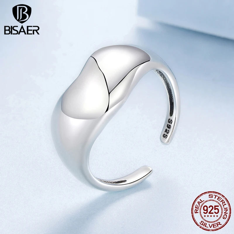 BISAER Solid 925 Sterling Silver Heart Open Ring Metal Statement Band Adjustable Size 5-9 for OL Women Party Fine Jewelry EFR679
