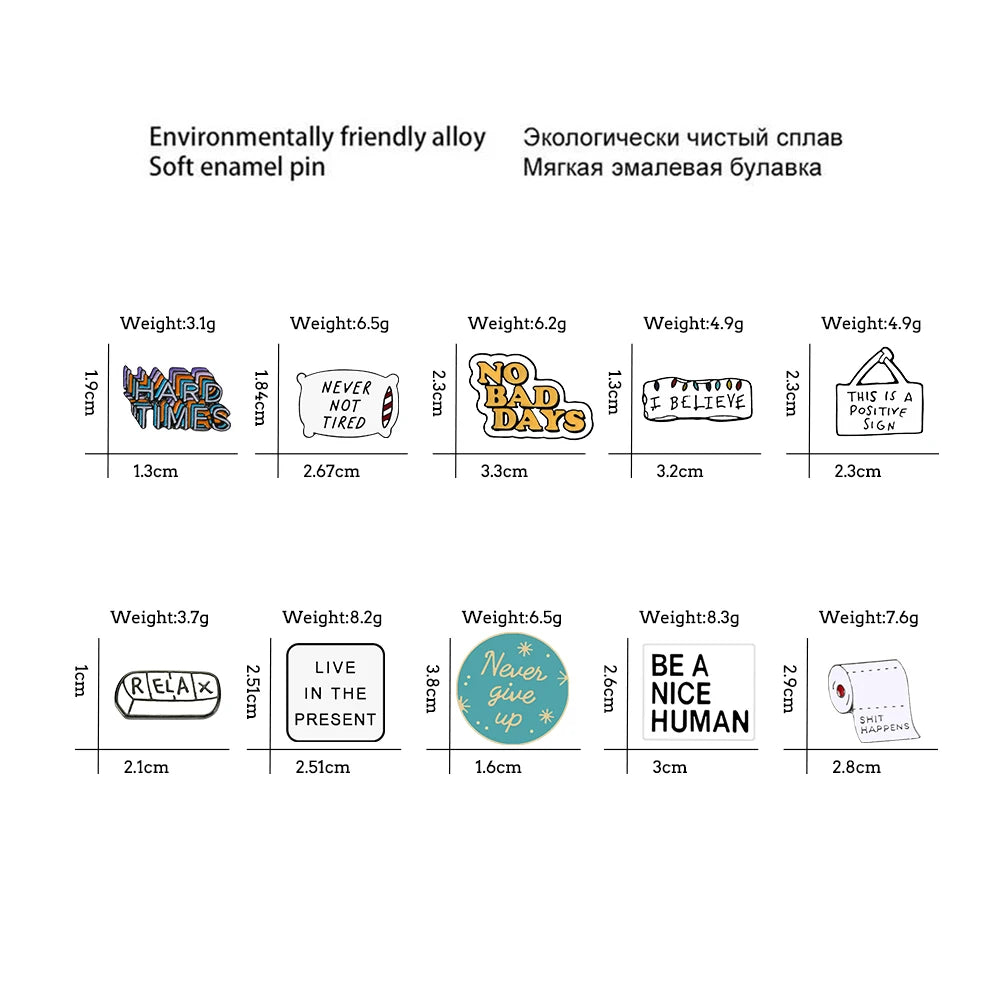 New Creative Slogan Enamel Pin NEVER GIVE UP LIVE IN THE PRESENT Brooches Women Men Lapel Pin Badges Jewelry Gift for Friend