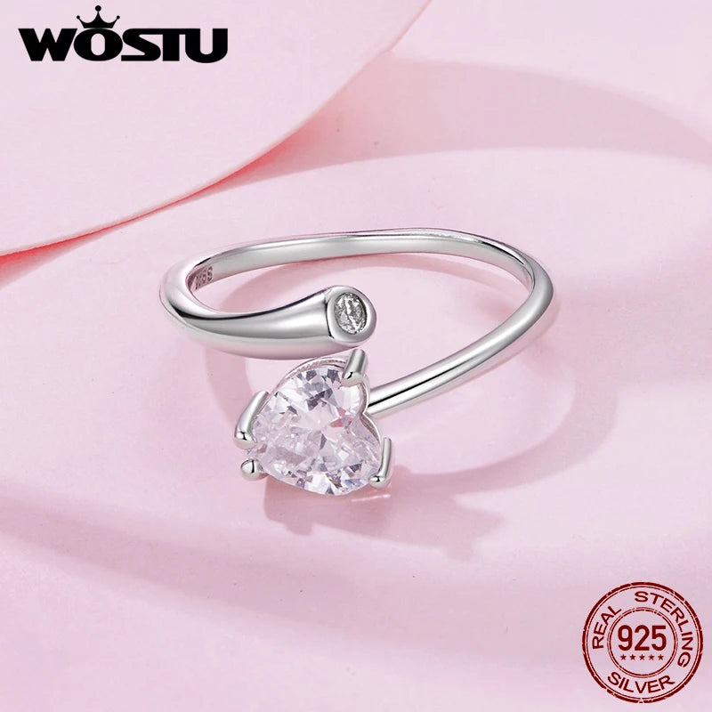 WOSTU Elegant Dainty S925 Sterling Silver Heart Ring For Women, Minimalist Jewelry Heart Zircon Open Rings Perfect Gift for Her