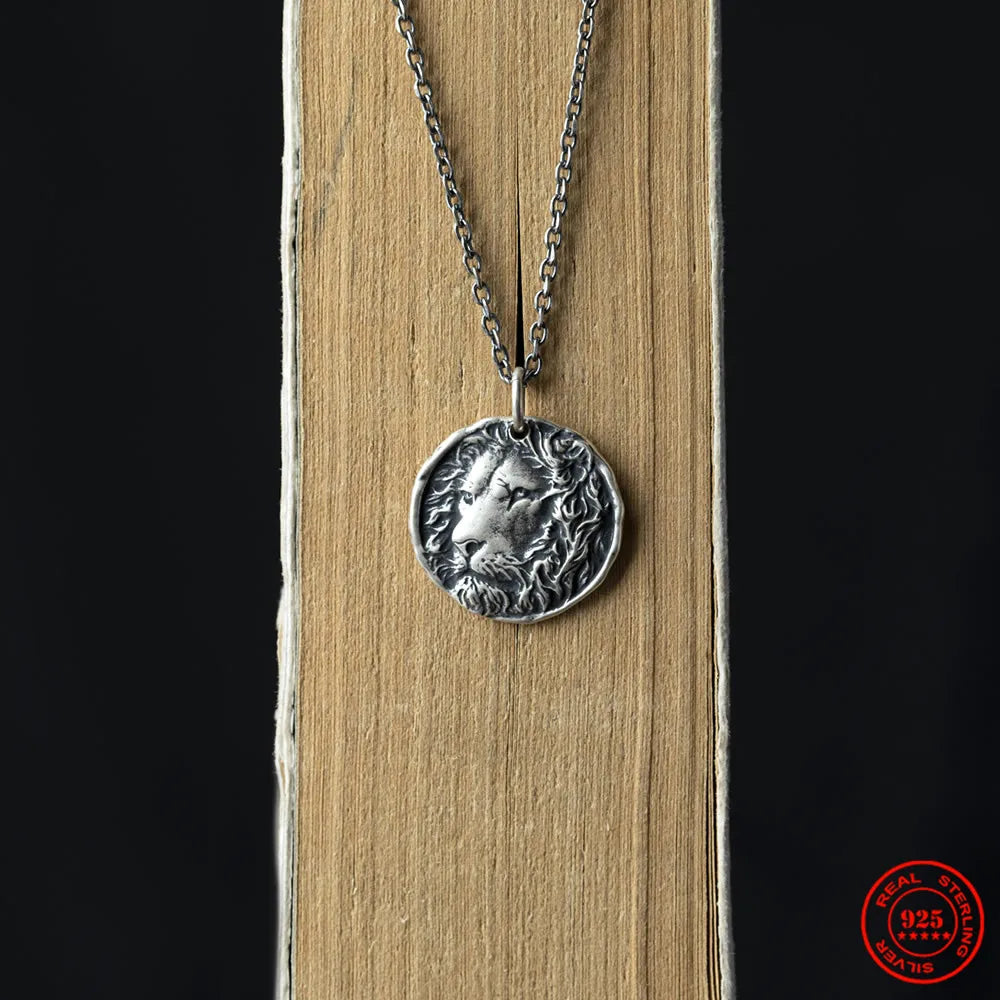 MKENDN Punk Style 100% 925 Sterling Silver Creative Retro Lion Head Coin Pendant Necklace Men Women King Jewelry