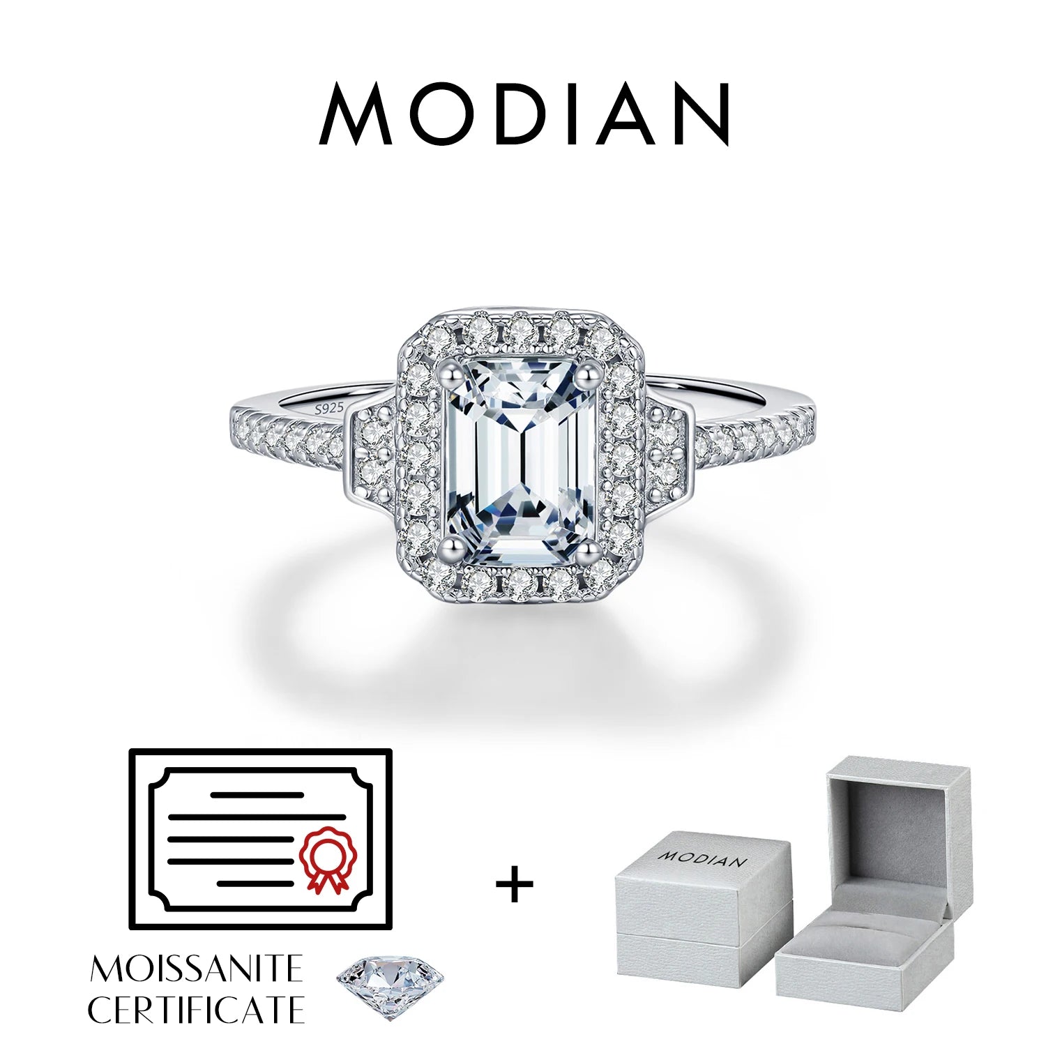MODIAN 1CT Emerald Cut Moissanite Halo Rings 925 Sterling Silver Luxury Finger Rings For Women Wedding Statement Fine Jewelry