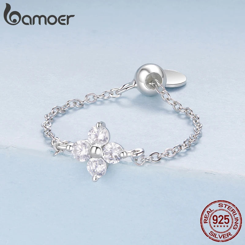 BAMOER 925 Sterling Silver Four Leaf Clover Lucky Chain Ring Adjustable Link Ring with Beads for Women Teen Special Party Gift