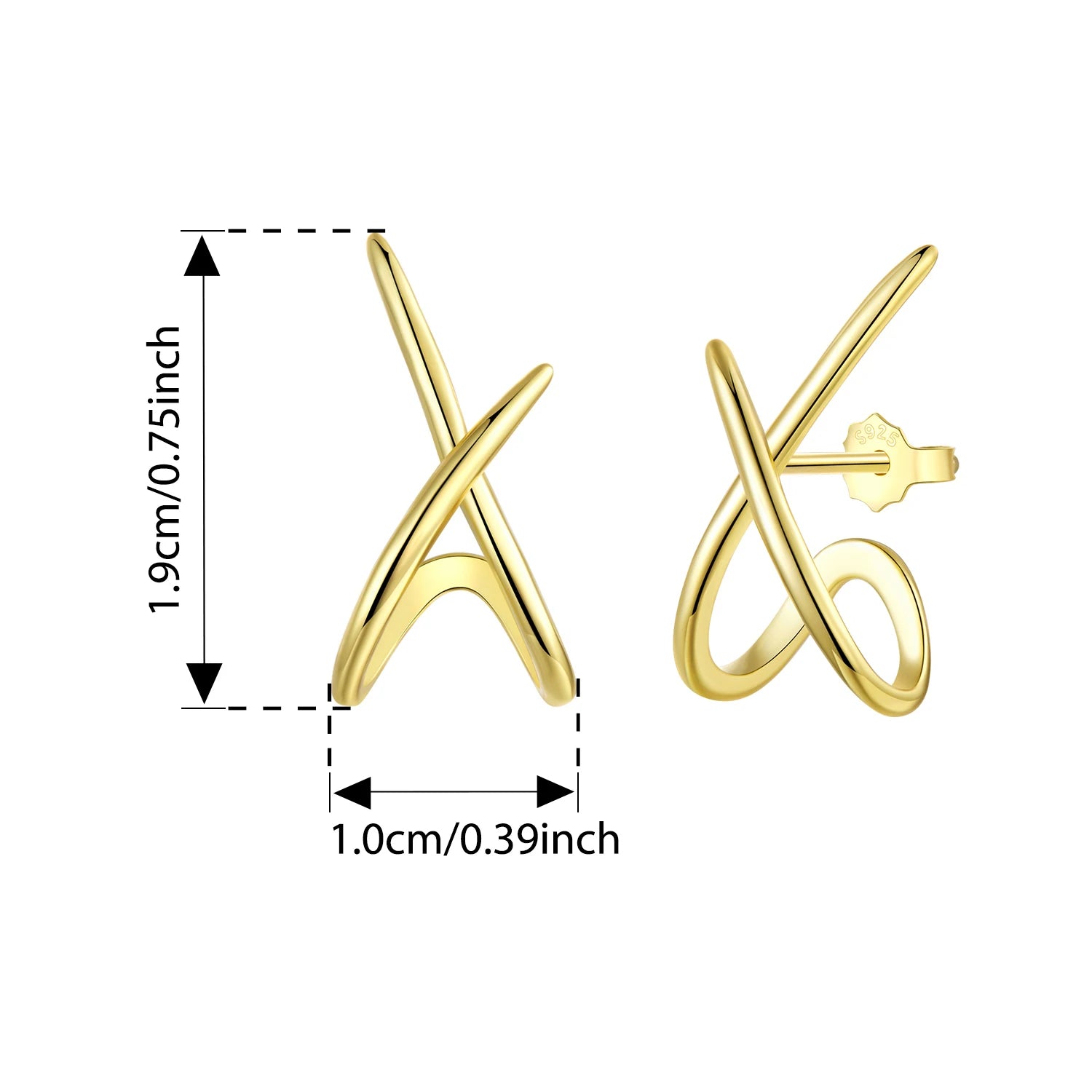 BISAER 925 Sterling Silver Double Huggie Stud Earrings Trendy  X Minimalist Hypoallergenic 14K Gold Plated Earrings for Women