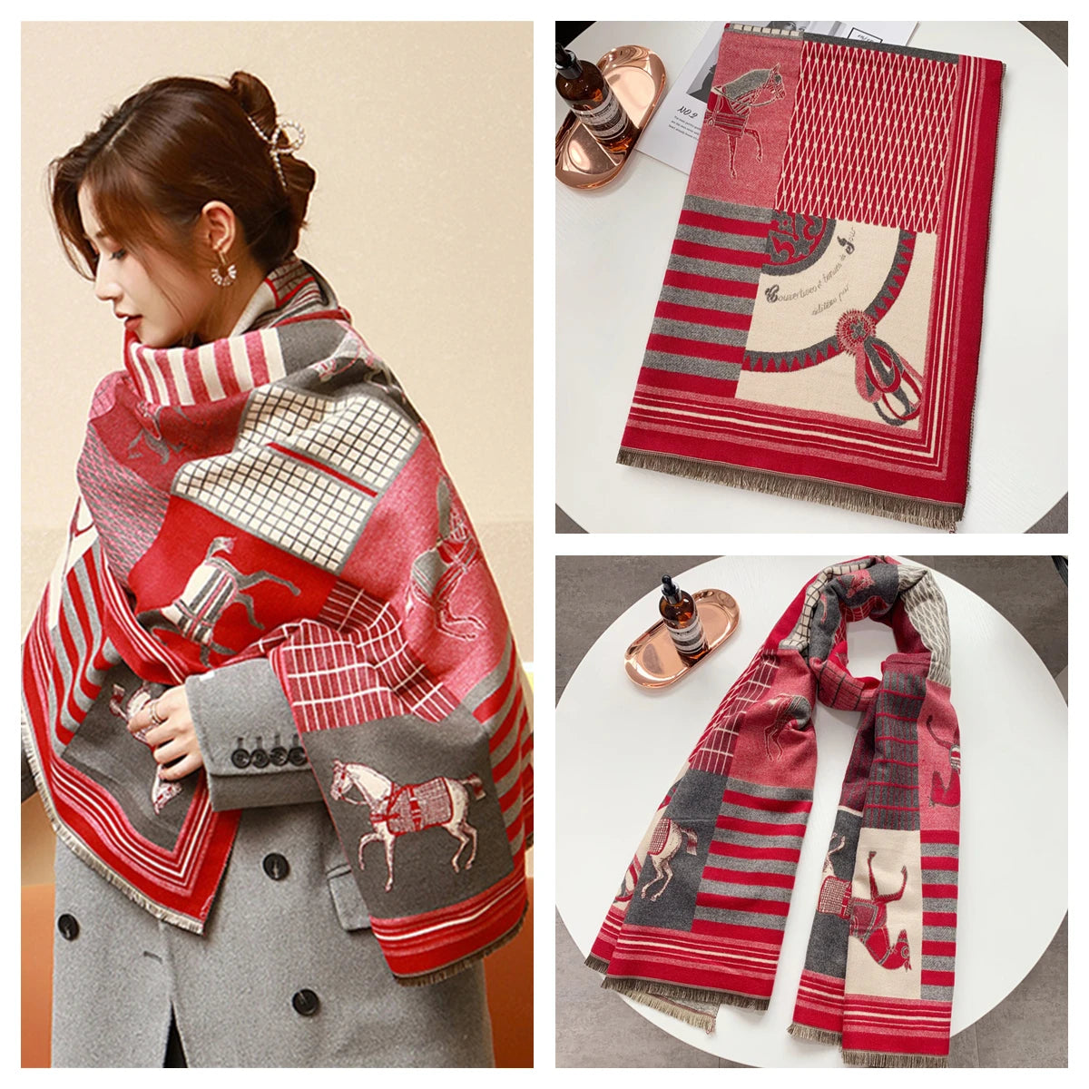 Women's Autumn Winter Horse Pattern Scarf New Luxury Cashmere Feeling Large Blanket Wrap Soft Warm Brand Shawl Retro & Classical - Madeinsea©