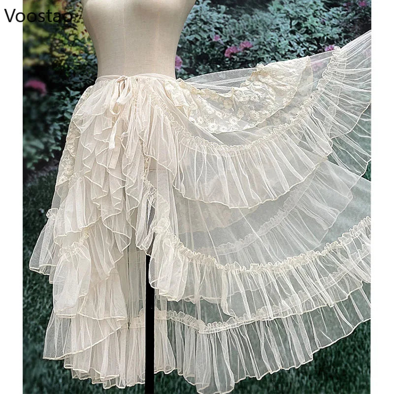 Sweet Lolita Style Double Layer Lace Asymmetrical Ruffles Skirts Women Summer Mesh Cute Curtain Sheer Cover Up Thin Long Skirt
