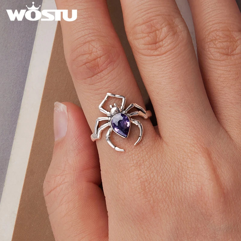 WOSTU Real 925 Sterling Silver Purple Spider Statement Ring For Women , Big CZ Vintage Punk Animal Rings Halloween Gift CQR1158