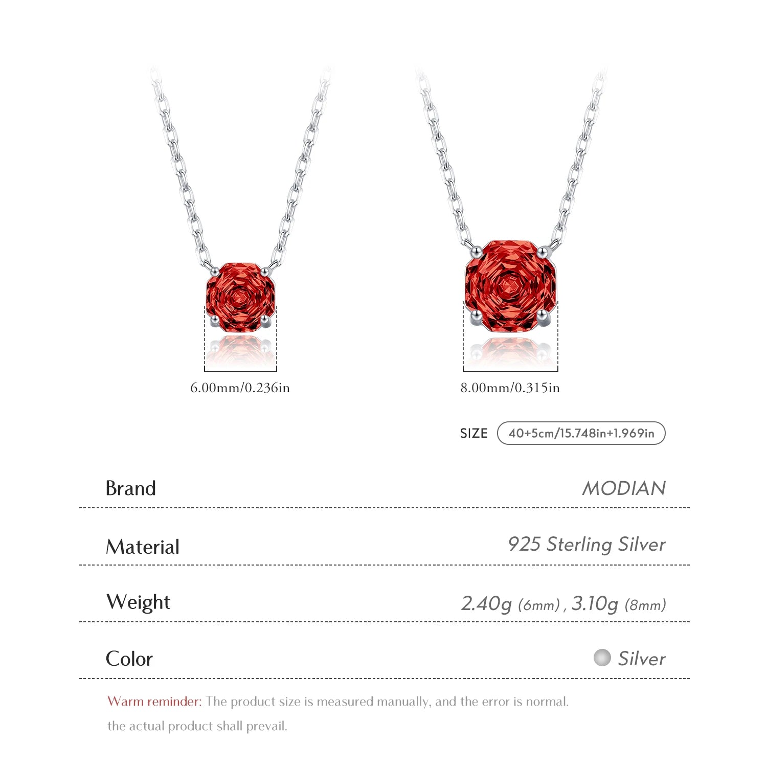 MODIAN 925 Sterling Silver Fashion Pomegranate Red Rose Cut CZ Octagon Pendant Necklace For Women Hypoallergenic Jewelry