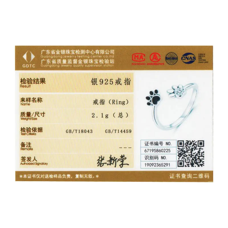 BISAER 925 Sterling Silver Cute Pet Paws Open Ring Black Enamel Hollow Heart Band Adjustable Size for Women Party Fine Jewelry