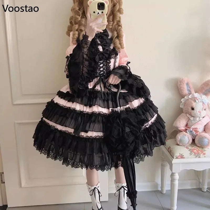 Victorian Vintage Lolita OP Dress Women Kawaii Cute Bow Lace Ruffle Flower Wedding Dress Japanese Elegant Princess Party Dresses