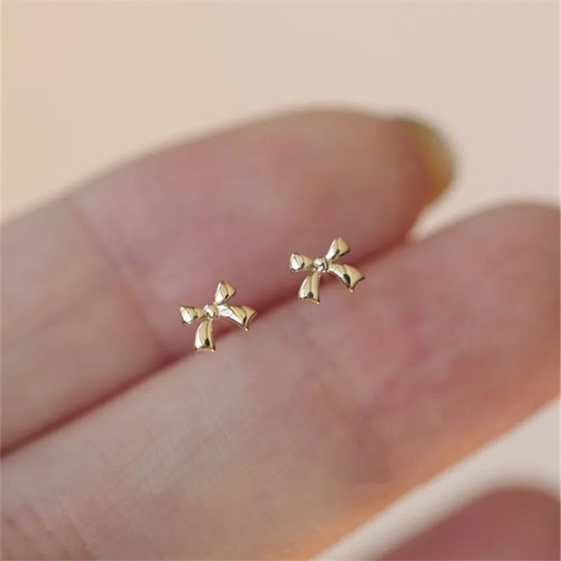 925 Sterling Silver Plated 14K Gold Mini Bow Earrings for Women Smooth Cute Small Jewelry Accessories