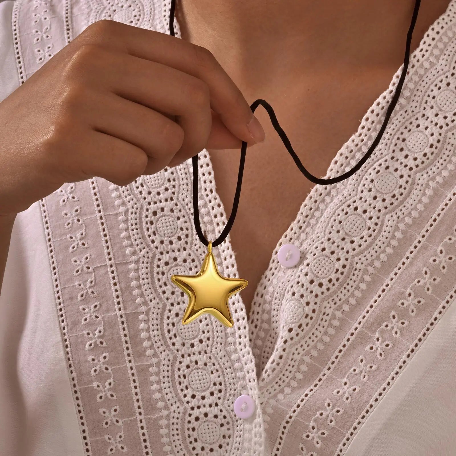 Vnox Chunky Stainless Steel Star Pendant Necklace For Women Simple Design Black Weave Rope Single Bright Jewelry Daily Wear
