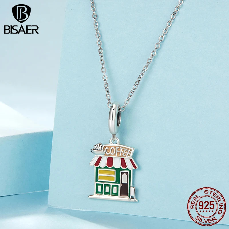 BISAER 925 Sterling Silver Coffee Cup Charm Bead Cafe Coffee Bean Pizza Pendant For Women DIY Bracelet & Necklace Fine Jewelry