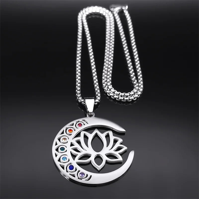 Flower Lotus Moon Pendant Necklace for Women Men Stainless Steel Silver Color 7 Chakra Healing Balance Chain Jewelry N9725S02
