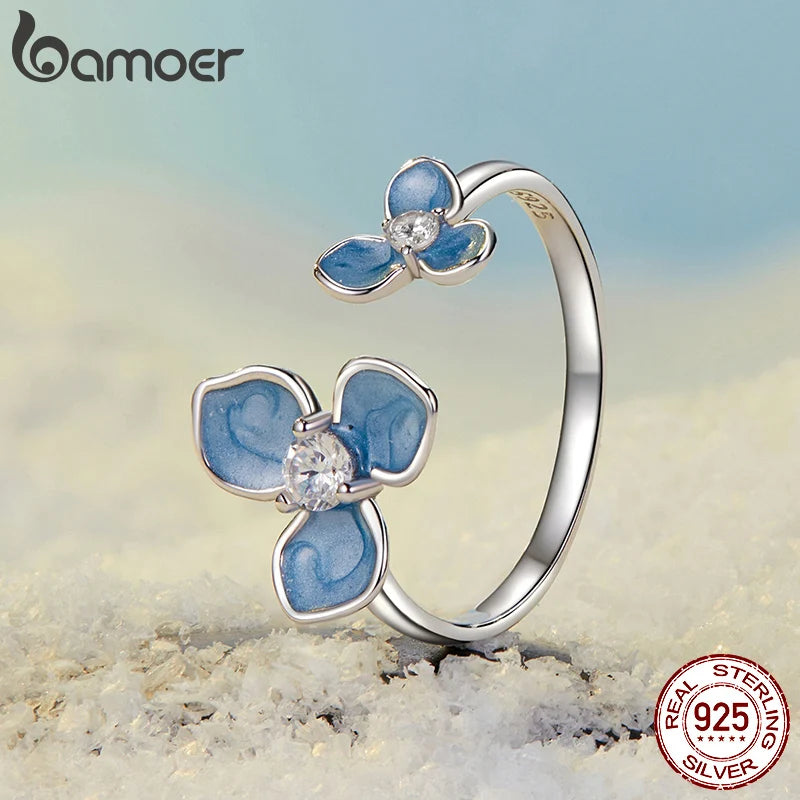 BAMOER 925 Sterling Silver Blue Flower Adjustable Ring, White Gold Plated Promise Christmas Cute Rings Dainty Chic Jewelry