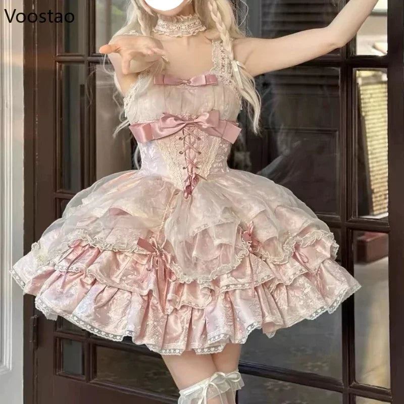 Japanese Sweet Cute Lolita Jsk Dress Women Gothic Y2k Bow Lace Ruffles Evening Party Mini Dresses Harajuku Kawaii Black Vestidos