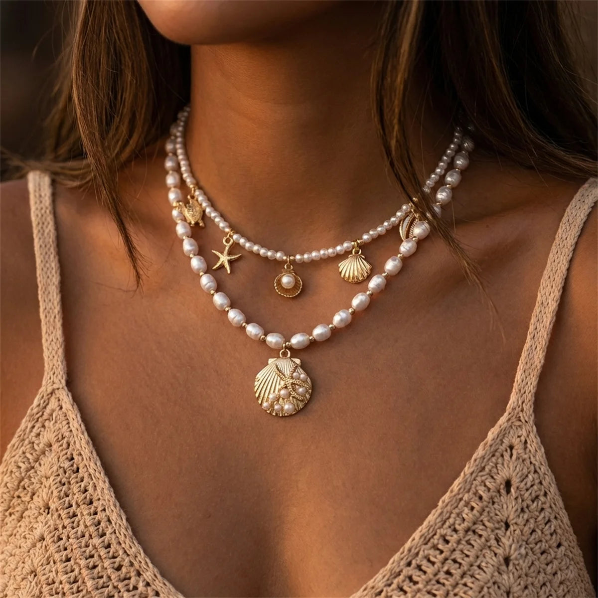 Bohemian Double Layer Seashell Necklaces For Women Handmade White Rice Beads Shell Short Collar Choker Beach Party Neck Jewelry